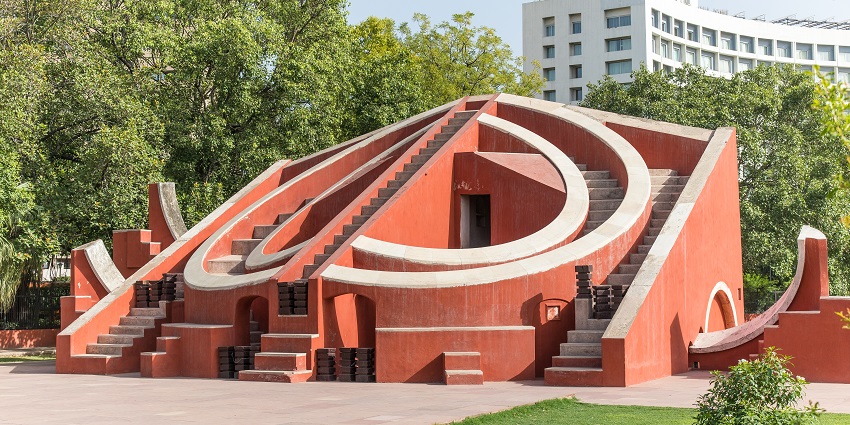 A picture of Jantar Mantar showing the astronomical instruments, located near the Lal Bahadur Shastri Museum