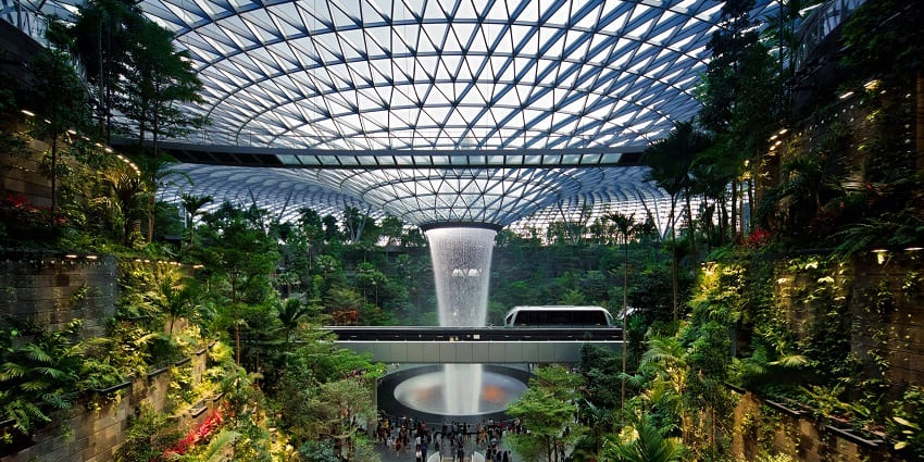 The highest indoor waterfall in the whole world dramatically cascades within the Jewel into the Rain Vortex.