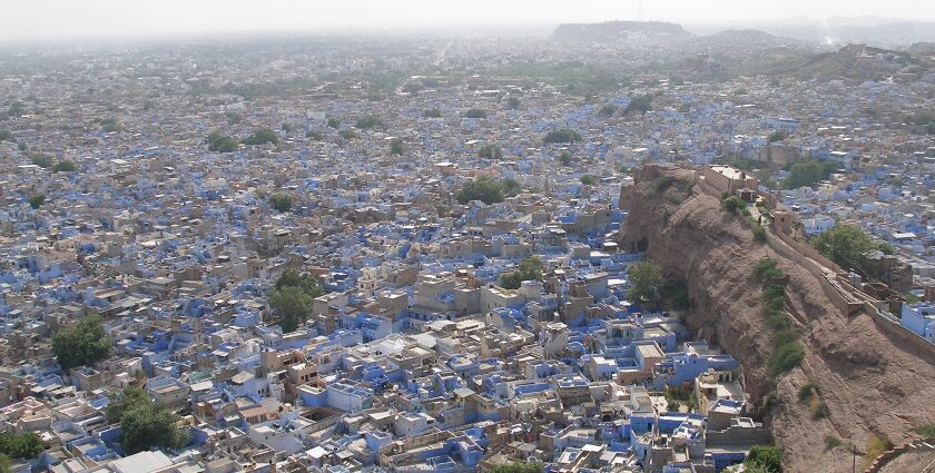 Panoramic view of Jodhpur's cityscape with forts and blue-painted buildings.