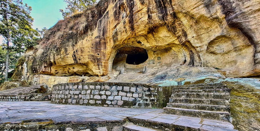 A panoramic view of Jogimara Caves with lush greenery in Chhattisgarh