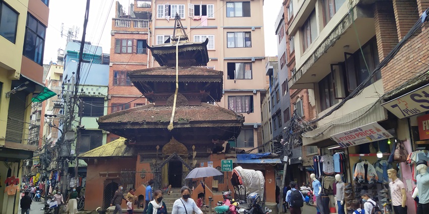The Jwala Mai Temple in Kathmandu, showcasing its vibrant architecture and surroundings.