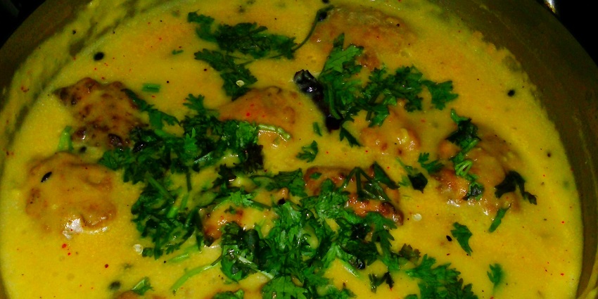 Kadhi Pakora is the gram flour fritter in spiced yoghourt curry.