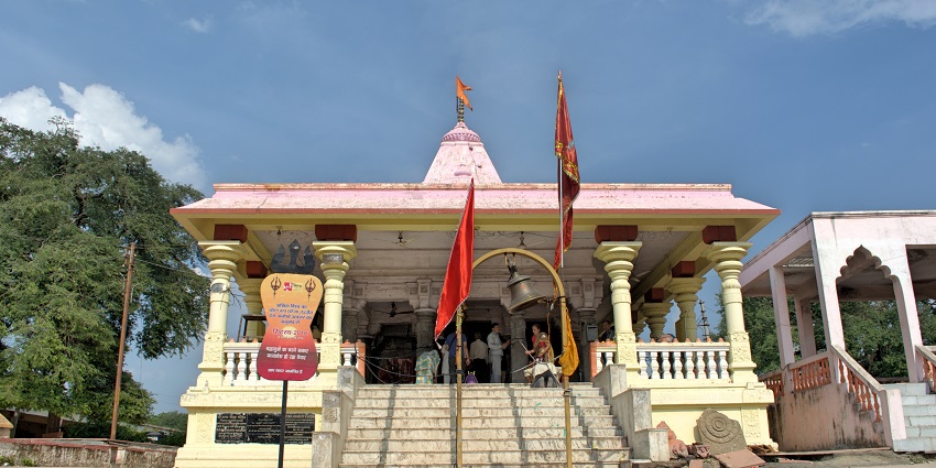 The front view of Kal Bhairav Temple, a famous place near Mahakaleshwar Temple, featuring its distinctive architecture and entrance.