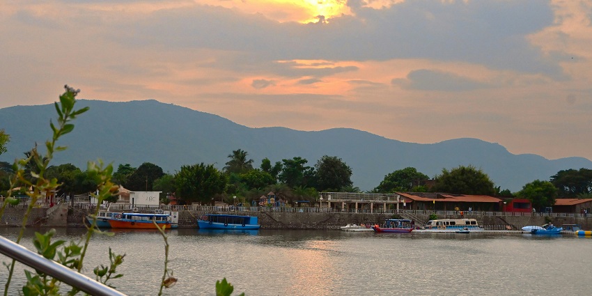 Front view of a boat and coast on Kalijai Island which is one of the most popular tourist spots.