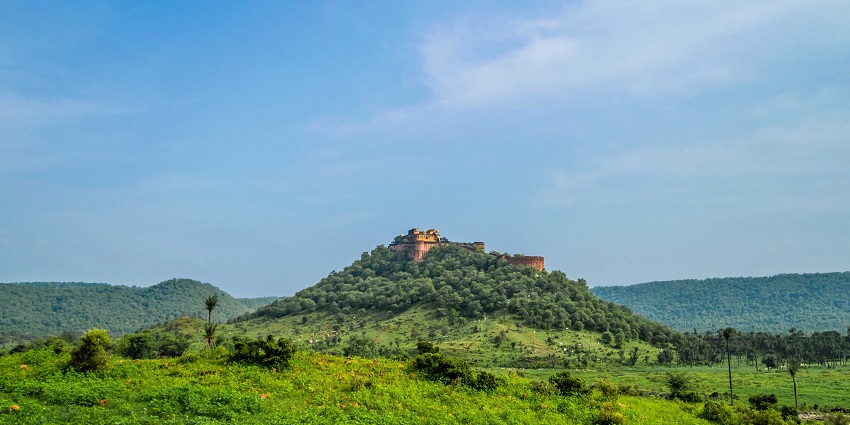 Kankwari Fort perched atop a hill, surrounded by lush greenery in Sariska Tiger Reserve.