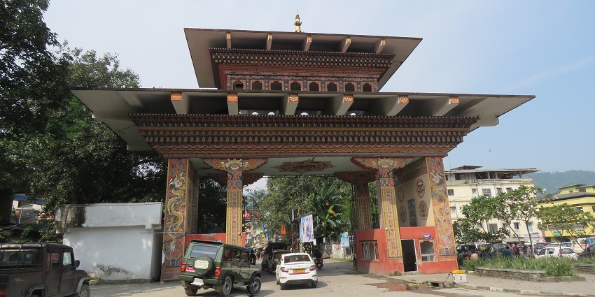 The Bhutan Gate at Phuentsholing, Bhutan, featuring a majestic and intricately designed archway with traditional Bhutanese motifs.