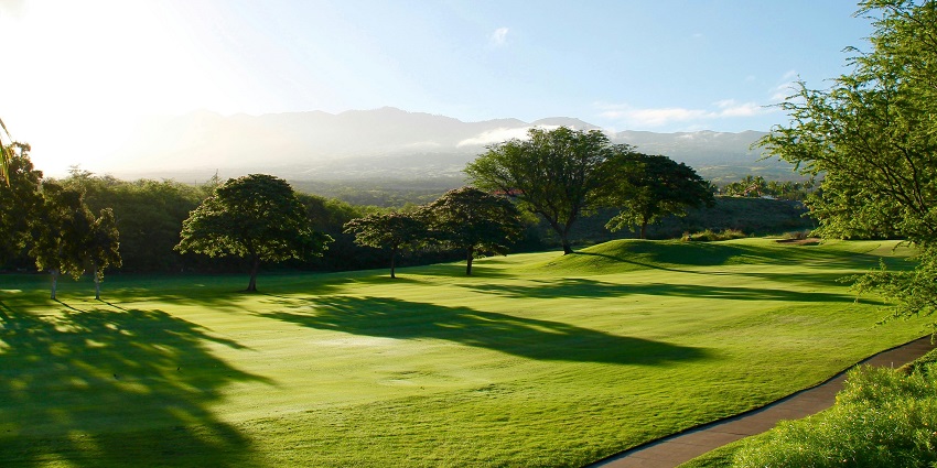 A scenic view of the Karnal Golf Course featuring lush green vegetation and tall trees.