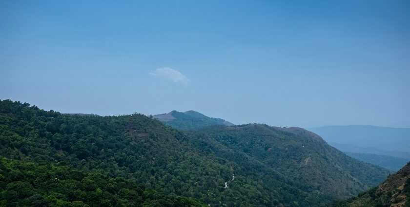 Great vista of the hill stations in Karnataka, with their undulating green hills.