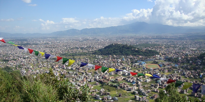 Kathmandu, a unique skydiving destination in Nepal offers aerial views of the bustling cityscape.