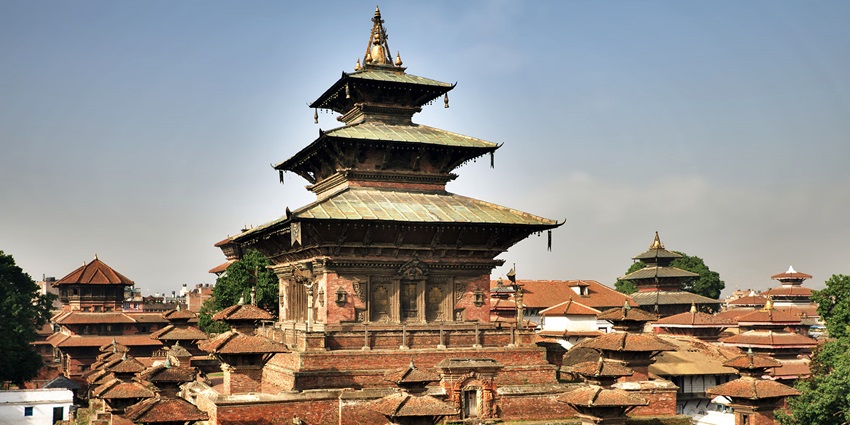 Panoramic view of Kathmandu Durbar Square, showcasing historic temples and vibrant architecture.