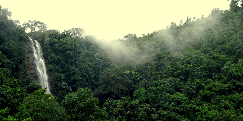 Iamge of Katiki Waterfalls surrounded by lush greenery and water cascading through under clear blue sky