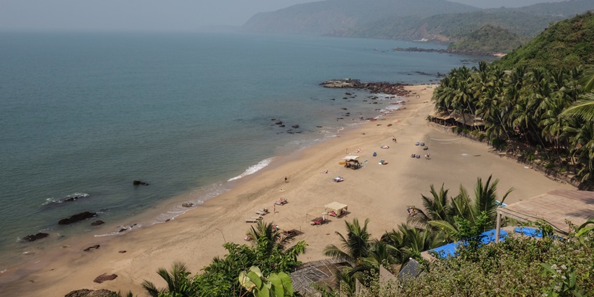 Panoramic aerial image of the Cola beach and bay, Canacona, South Goa, India