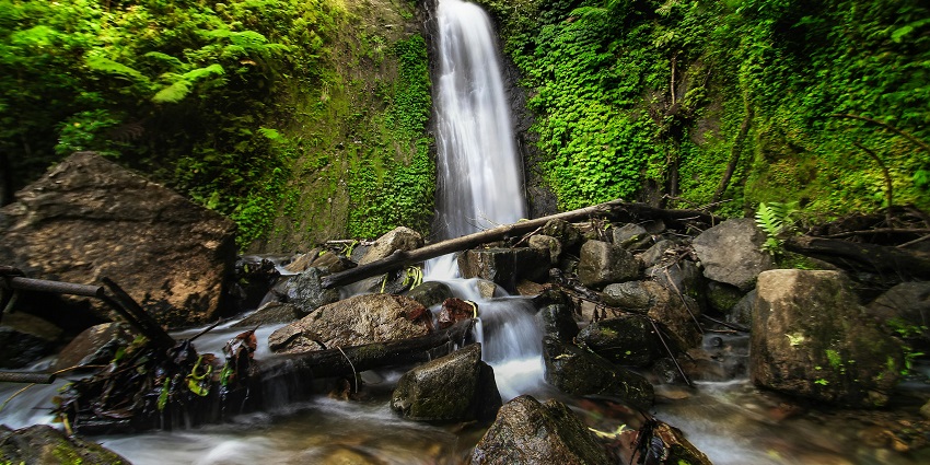 A serene long exposure photograph capturing the smooth flow of waterfalls