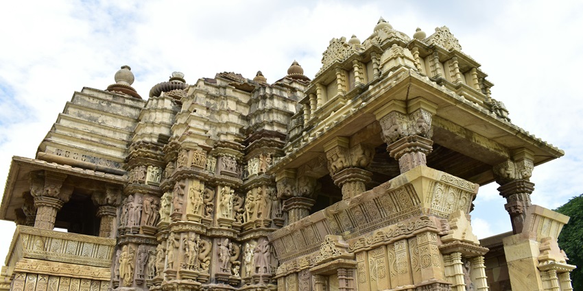 The intricately carved Khajuraho Temples, a Unesco World Site, in the light of sunset.