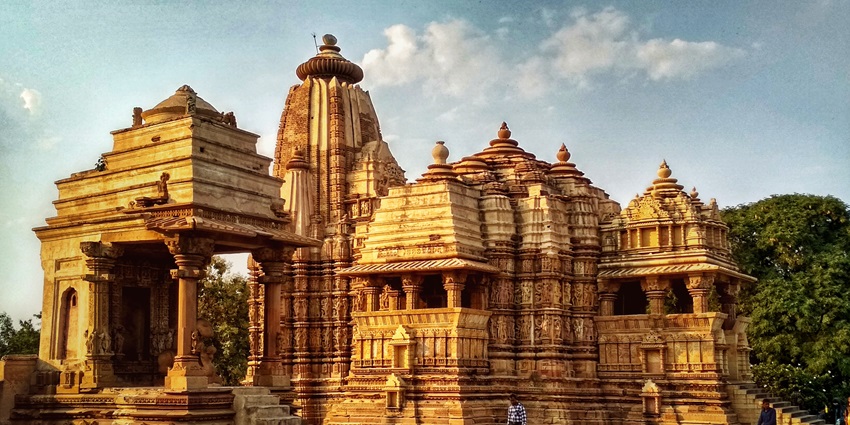 A panoramic view of the iconic Khajuraho Temples in Chhatarpur, a famous tourist destination nearby