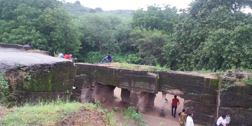 Visitors at the Khambhalida Caves which is one of the buddhist site near Rampara Wildlife Sanctuary