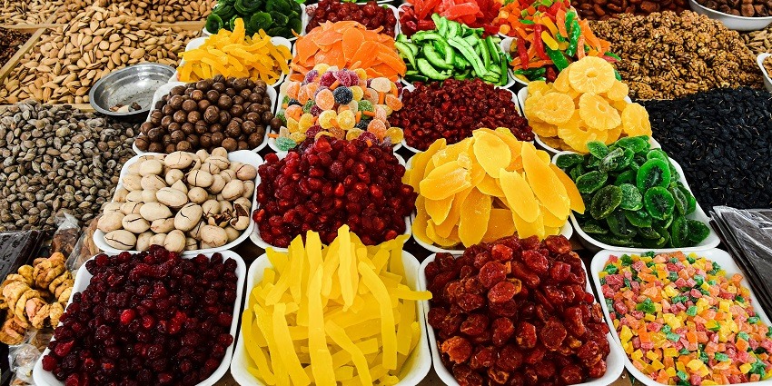 An array of dry fruits at Khari Baoli, one of the top markets in the region of Delhi.
