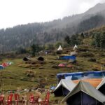 A picture of camps on a trekking site in the Himalayas surrounded by tall mountains