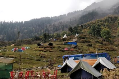 A picture of camps on a trekking site in the Himalayas surrounded by tall mountains