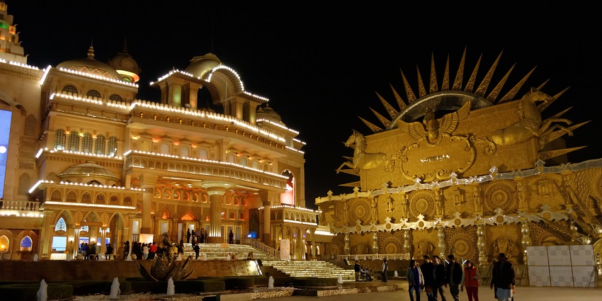 A picture of the famous theme park Kingdom of Dreams taken during night time
