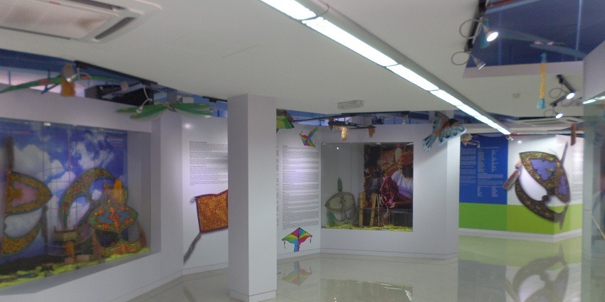 The display of various kinds of kites inside the Kite museum, one of the famous museums in Ahmedabad