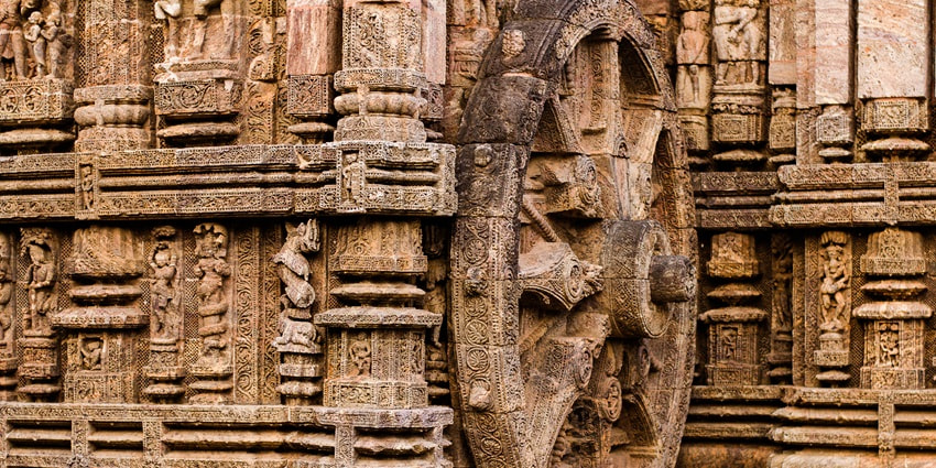 A glimpse of the giant eight-spoke Konark Wheel at Konark Sun Temple in Odisha.