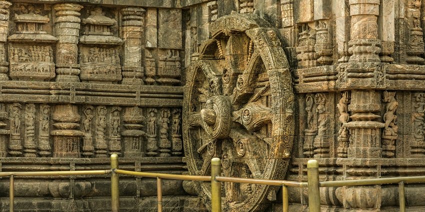 Close-up of Sun Temple in Konark with its stone carvings and towering architecture