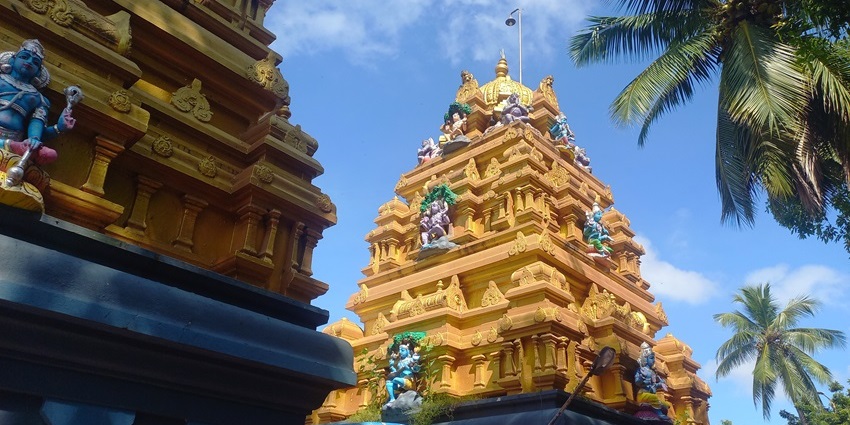 A picture of a historical temple in Srikakulam with a golden gopuram and lush trees all around