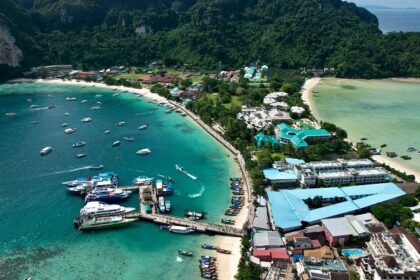 Aerial view of an Islands, showcasing lush greenery and vibrant water - Krabi island nightlife.