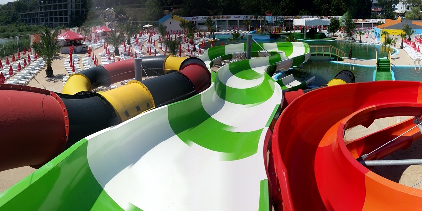 The large water slide at a water park.