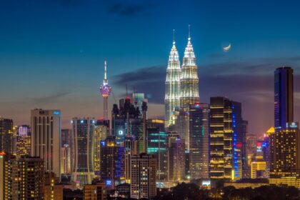 A stunning moonrise over the Kuala Lumpur skyline with the Petronas Towers visible.