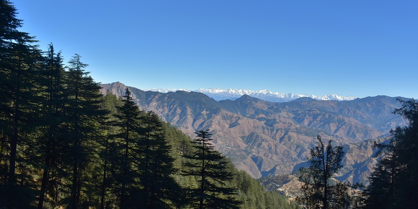 Image of Kufri mountains in Himachal Pradesh with lush greenery and snow cover mountains