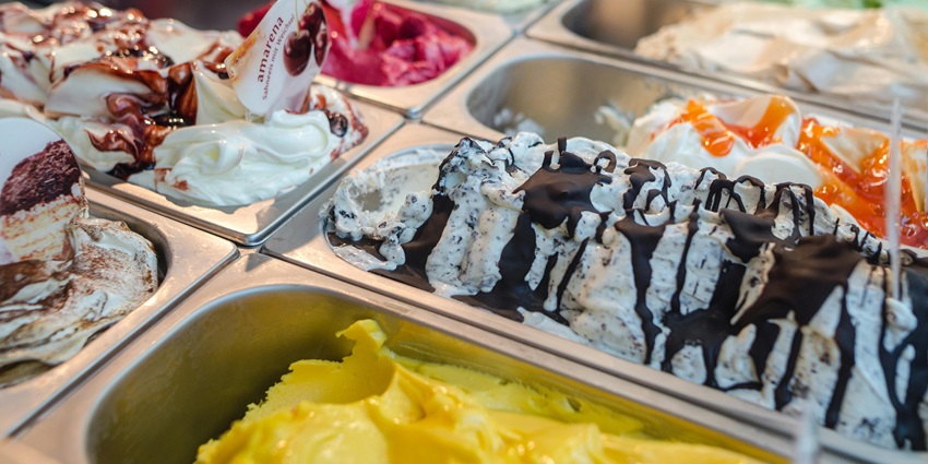 Different varieties of Ice cream in the ice cream bucket at the shop in Delhi