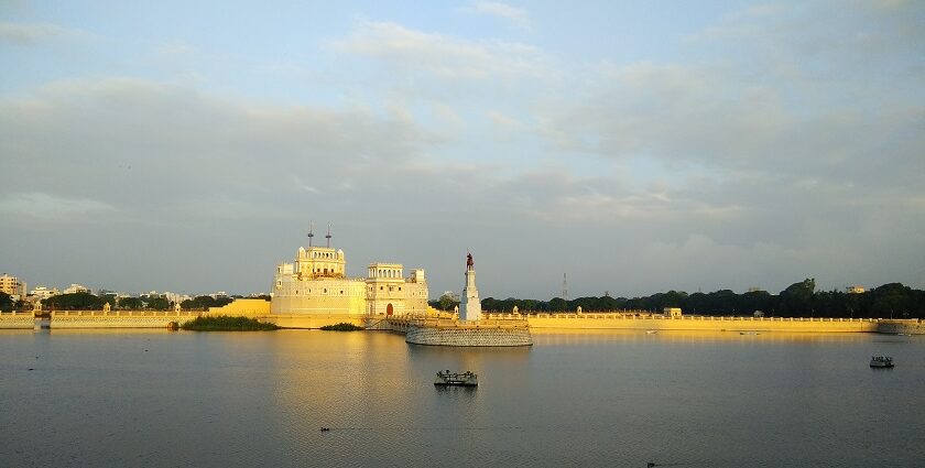 Lakhota Palace and Museum surrounded by water.