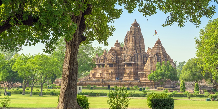 An image view of the Lakshmana Temple features intricate reliefs and beautifully sculpted figures.