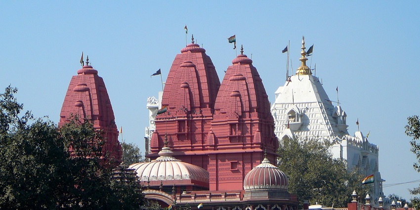 A picture of a temple in Delhi taken from a distance with a tree obstructing the view