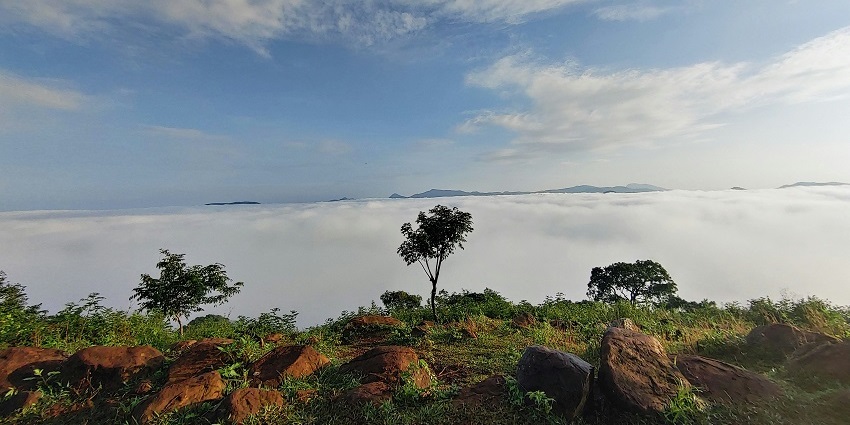 A breathtaking view of lush green meadows and sky in the background in Lambasingi.