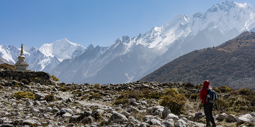 Langtang Valley, with frozen peaks and dense forests, is popular for trekking in Nepal.