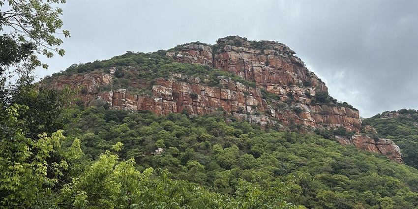 Image of a lush green hill with a fort on top of the rocky cliff in Andhra Paradesh