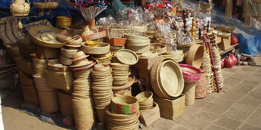 View of a hand made products displayed outside a handicrafts shop, ideal for craft lovers