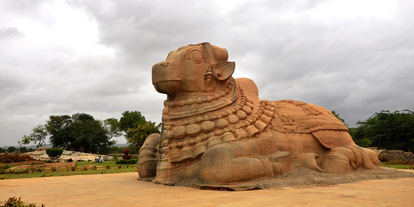 A view of the cow figurine inside the Lepakshi Temple, a spiritual hub in Andhra Pradesh.