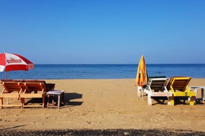 A tranquil view of Keri Beach with soft sands and gentle waves in North Goa, India.