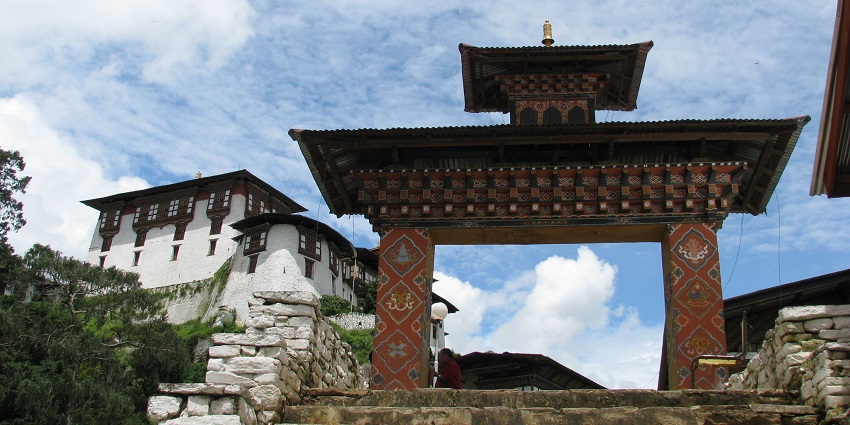 Entrance gate to Lhuentse Dzong, a historic fortress and temple in Bhutan.