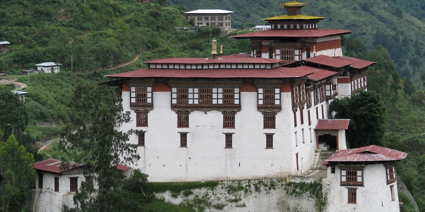 Close view of Lhuentse Dzong, a historic fortress-monastery in northeastern Bhutan.