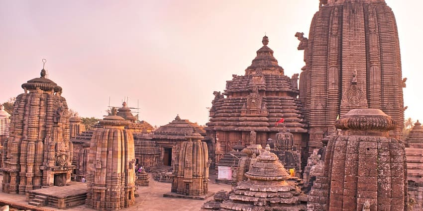 View of the historic Lingaraj Temple with ancient architecture and intricate carvings.
