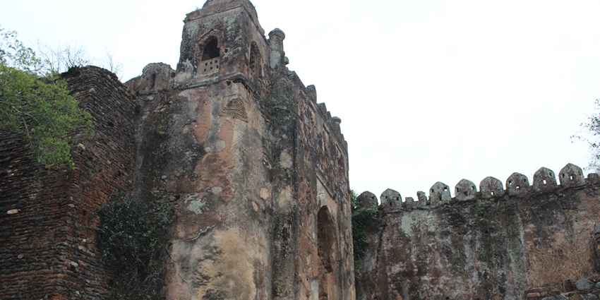 Angular shot of the Palamu fort, with the old walls covered with moss