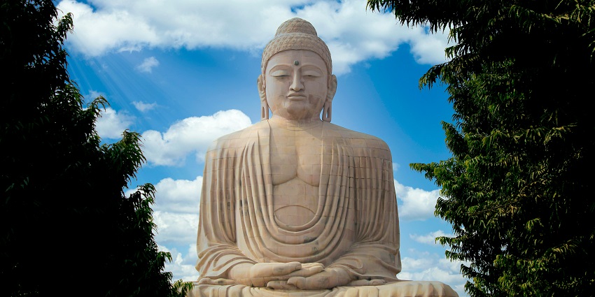 An image of an aerial view of the Buddha Statue surrounded by lush greenery and people.