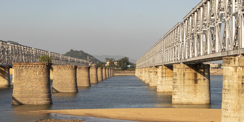 Image of railway bridges above Krishna River at Vijayawada under clear blue sky