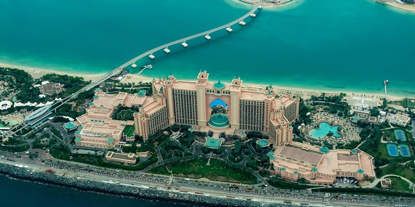 An aerial view of Dubai, justifying the serene location for trying indoor skydiving Dubai.