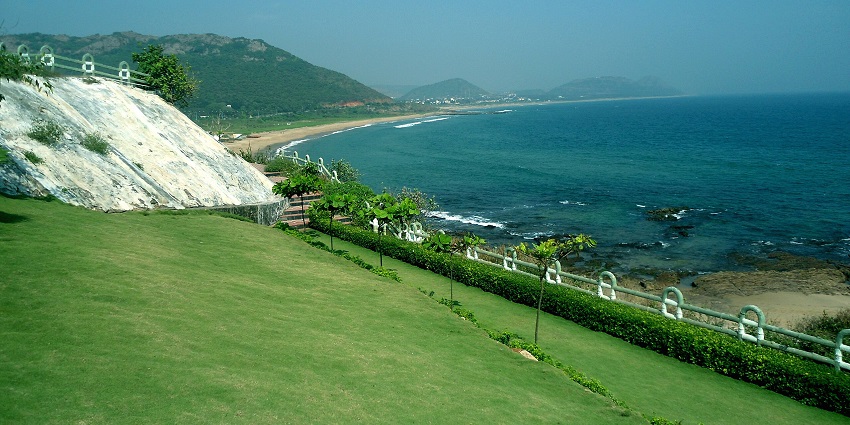 Pansromic view of the bay of Bengal and the lush green hill side of Visakhapatnam